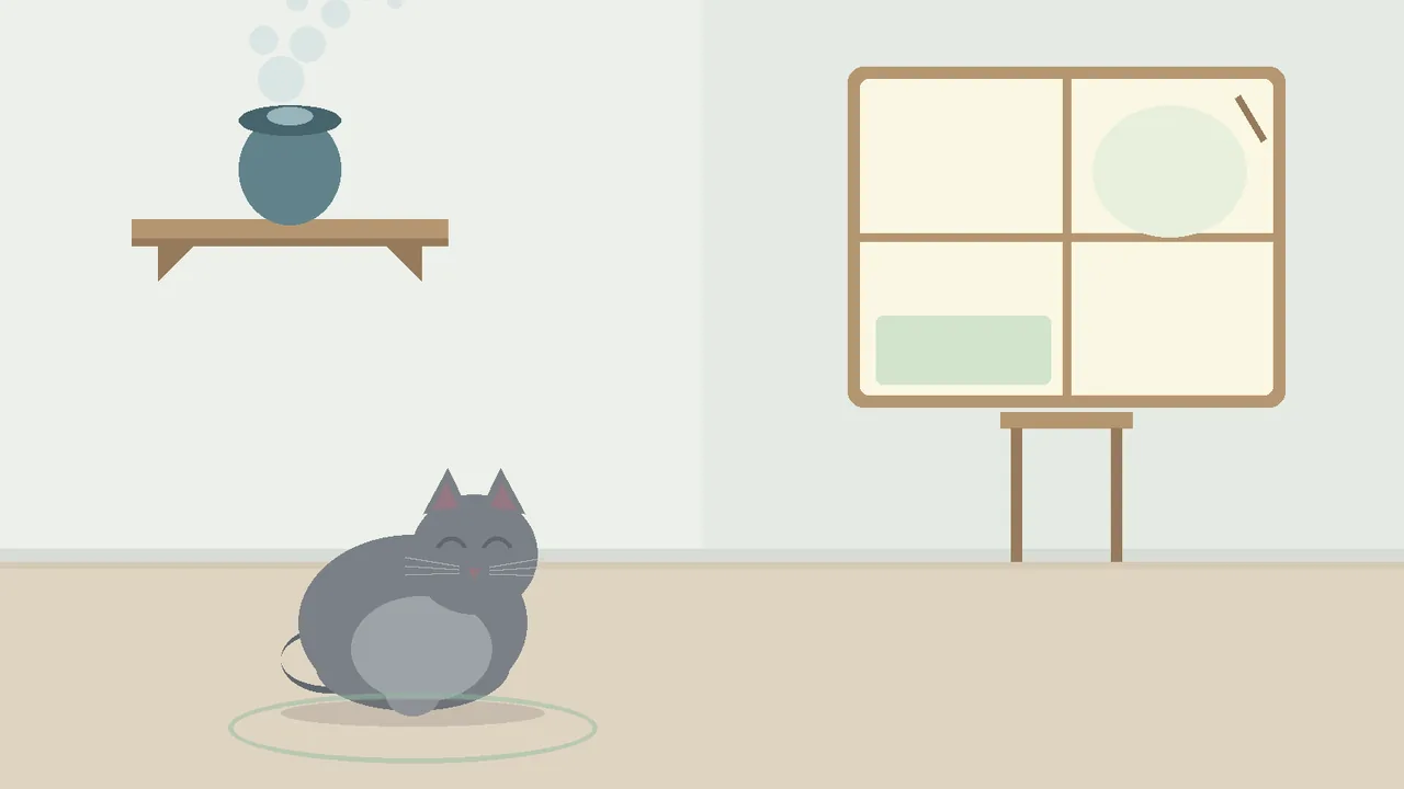 Flat editorial illustration: an essential oil diffuser on a high shelf emitting a thin mist near a window, and a calm cat resting on the floor across the room, away from the diffuser.