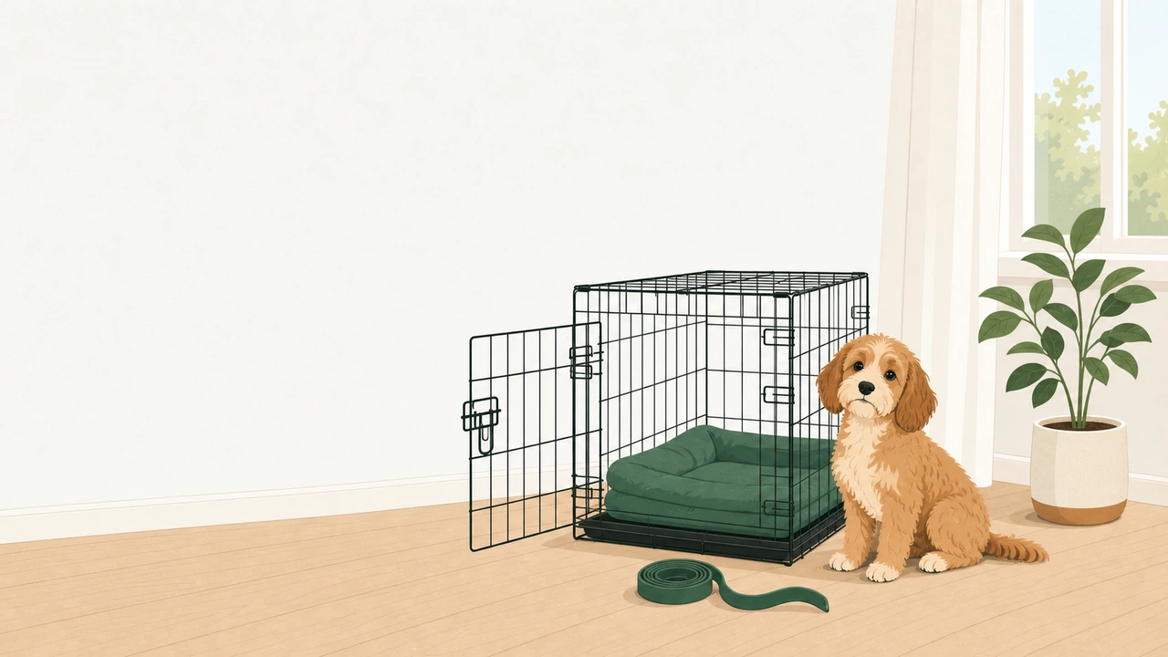 Flat editorial illustration of an open wire dog crate with a folded green bed inside, a rolled measuring tape on the floor, and a calm small dog sitting beside it in a bright apartment corner.