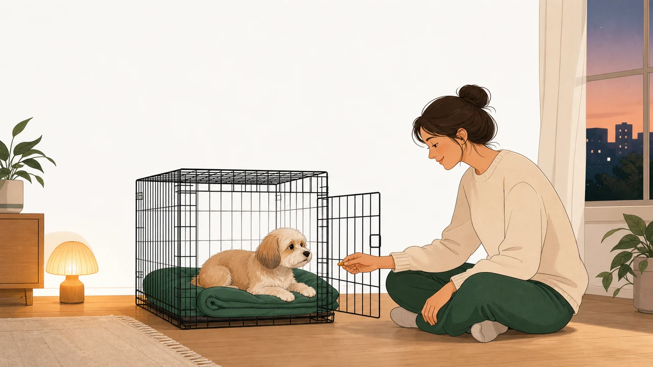 Flat editorial illustration of a calm small dog resting inside an open wire crate on a green bed in the evening, while a person sits beside the open door offering a treat.