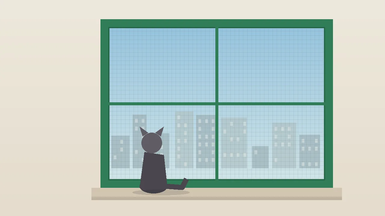 Flat editorial illustration of an apartment window several floors up with a snug, sturdy screen fitted in the frame and a calm cat sitting safely on the sill looking out.