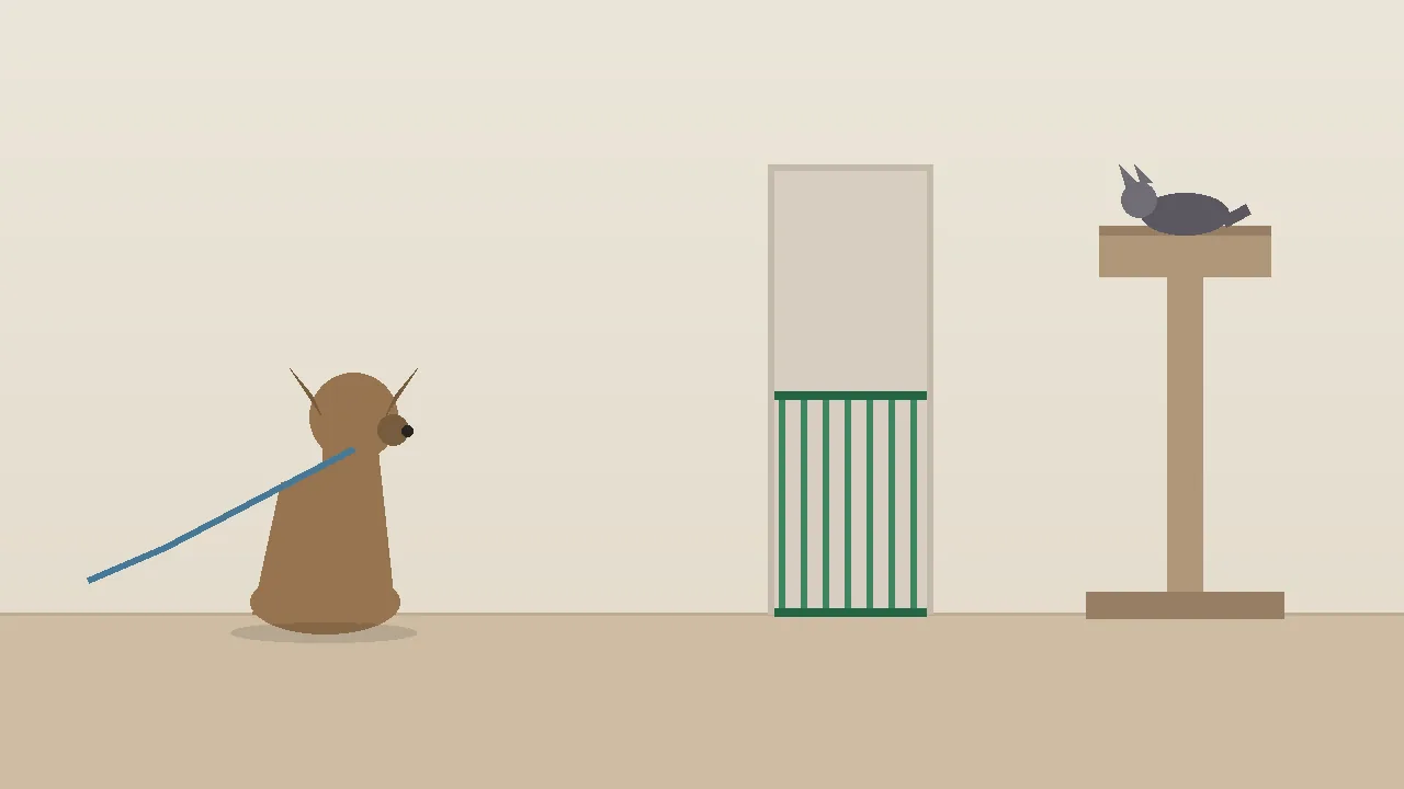 Flat editorial illustration of a small apartment living room: a dog sitting calmly on a leash on one side, a cat up on a tall cat tree out of reach on the other, and a baby gate across a doorway.