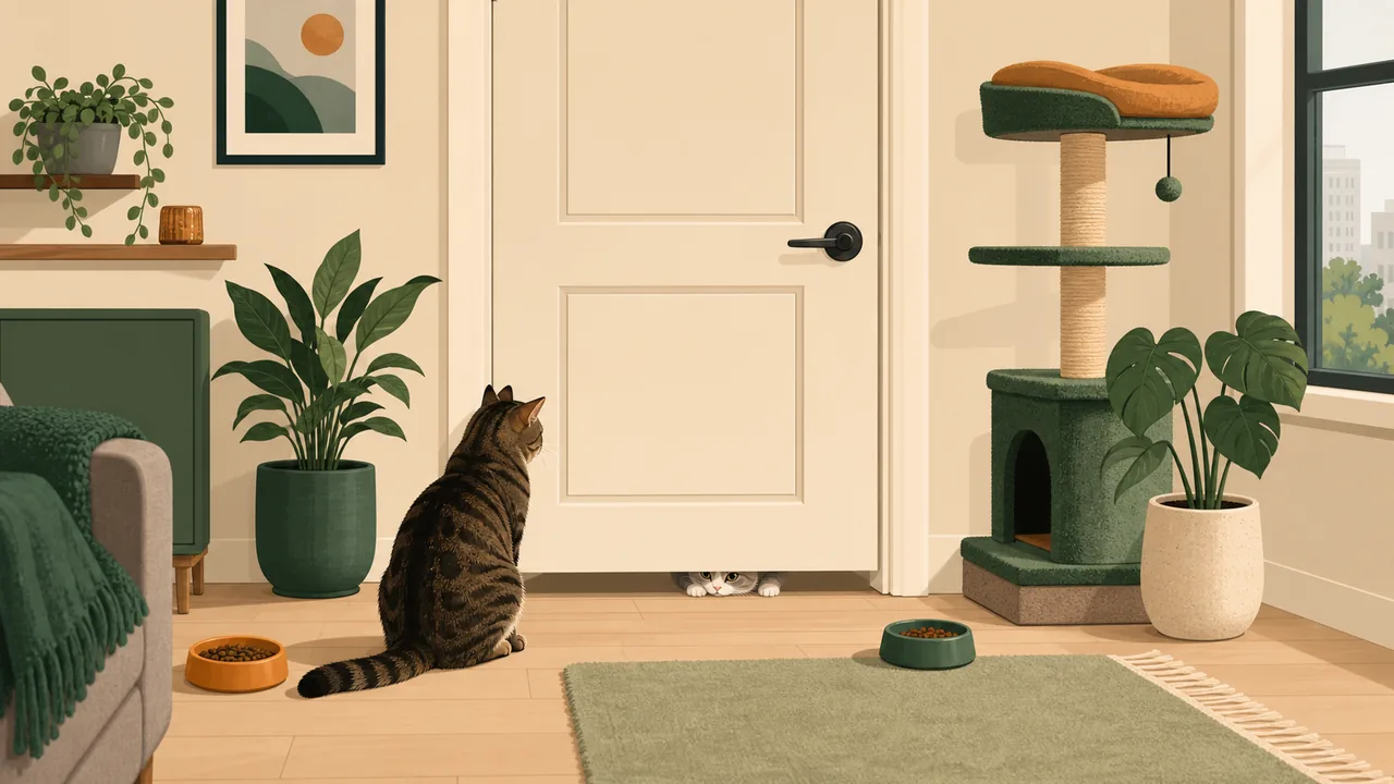 Flat editorial illustration of a small apartment during a cat introduction: a relaxed tabby cat sitting on one side of a closed interior door with a gap at the bottom, a second cat on the other side, a tall cat tree adding vertical space, and two food bowls placed on opposite sides of the door.