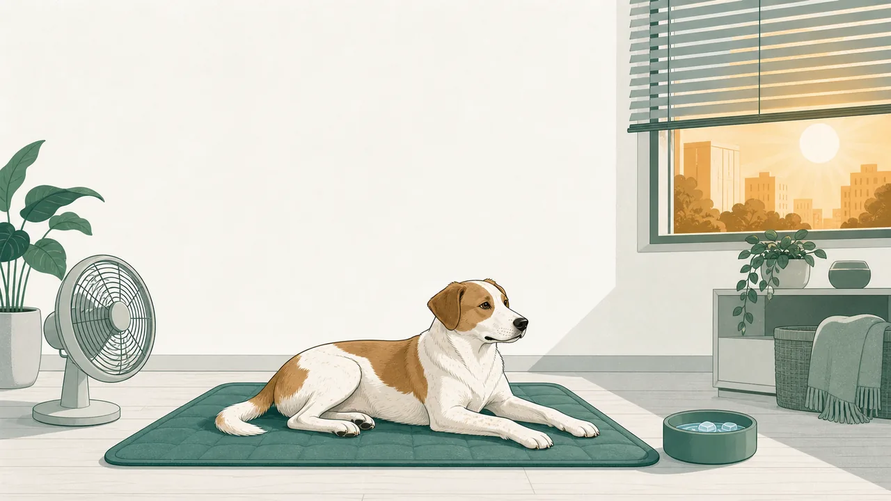 Flat editorial illustration of a calm dog lying on a cooling mat in the shaded corner of a small apartment, with half-closed blinds keeping the summer sun out, a water bowl, and a small floor fan nearby.