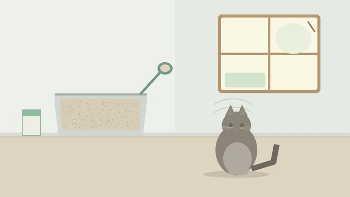 Flat illustration of a small-apartment corner: an open, uncovered litter box with a scoop beside it near a window for airflow, a small box of baking soda, and a calm cat nearby.
