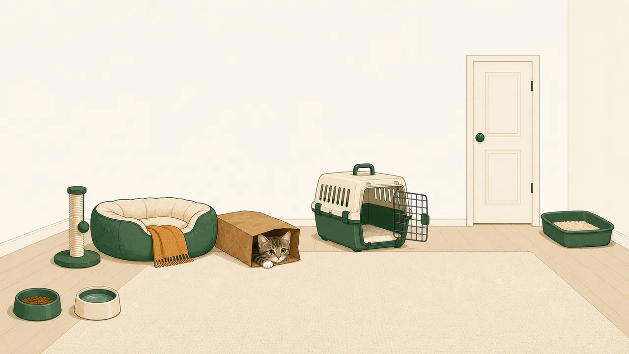 Flat editorial illustration of a small room prepared for a new kitten: a tiny kitten peeks from a paper bag on its side next to a soft bed, an open carrier sits nearby, food and water bowls stand on one side of the room and a low-sided litter box sits along the far wall, with a small scratching post close to the bed.
