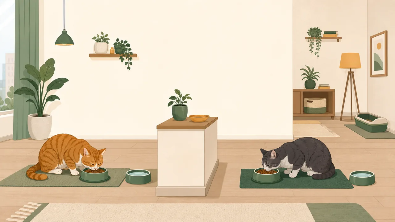 Flat editorial illustration of a small apartment cross-section with two separated cat feeding stations: a calm cat with its own food and water bowl in a kitchen corner, a second cat with its own food and water bowl across the room beyond a divider wall, and a litter box kept on the far opposite side.