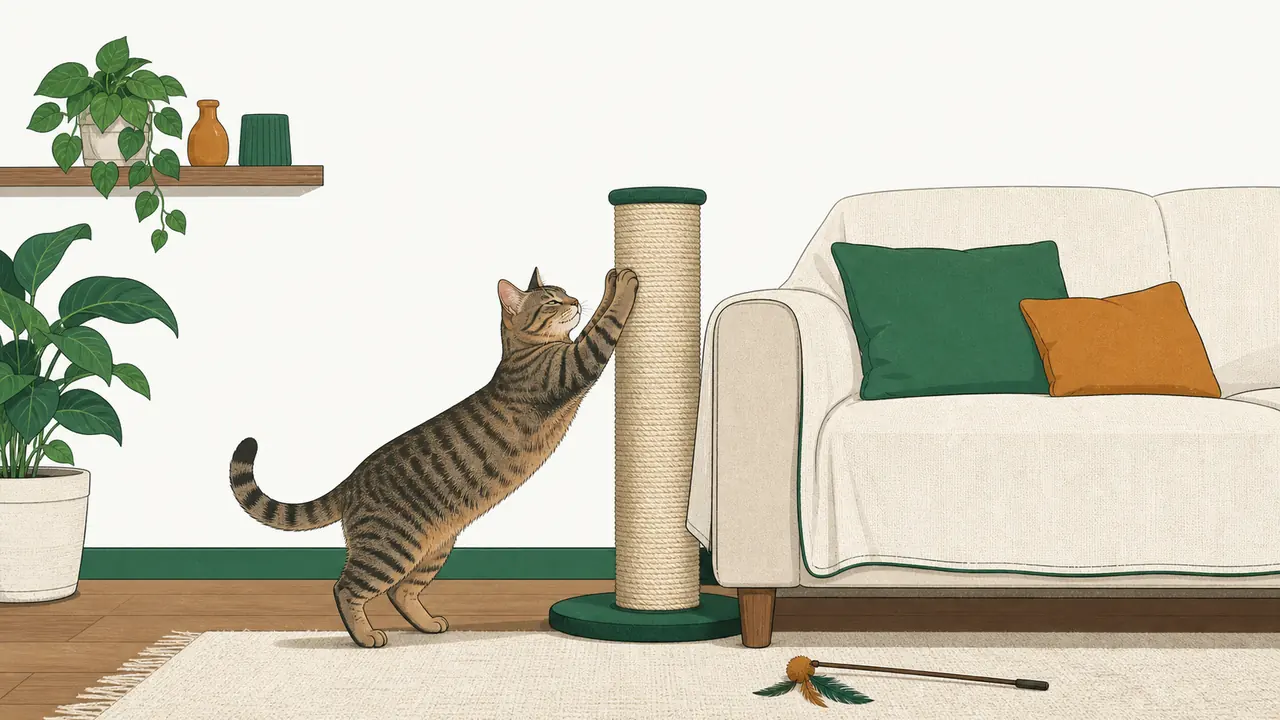 Flat editorial illustration of a living room where a relaxed tabby cat stretches up with both front paws on a tall sisal scratching post placed right beside the couch, a wand toy on the floor nearby.