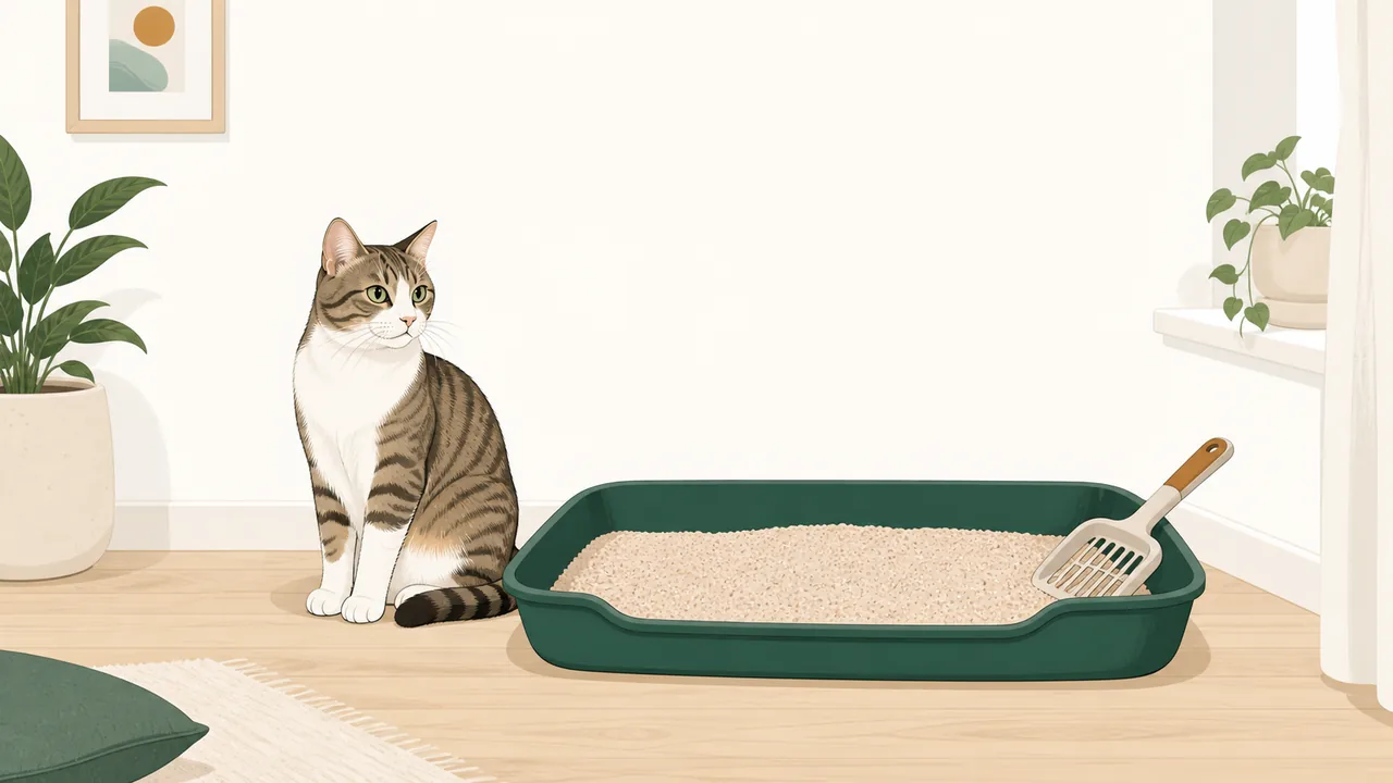 Flat editorial illustration of a large, open, low-sided litter box with clumping litter and a scoop resting on the rim, set in a tidy bright apartment corner with a calm cat silhouette nearby.